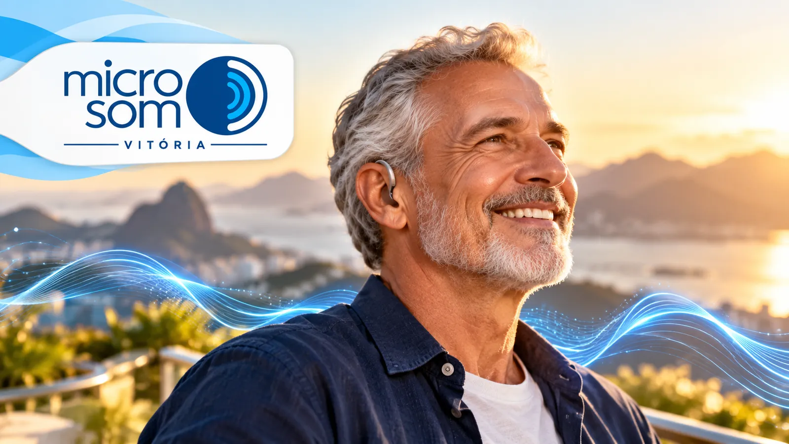 Homem com aparelho auditivo aproveita o pôr do sol — Microsom Vitória