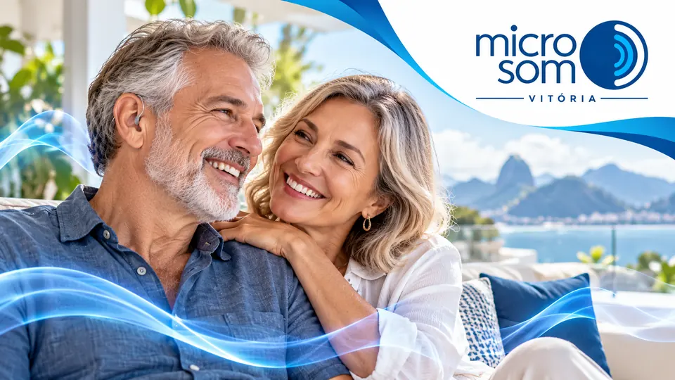 Casal sorrindo em uma campanha de aparelhos auditivos Microsom Vitória
